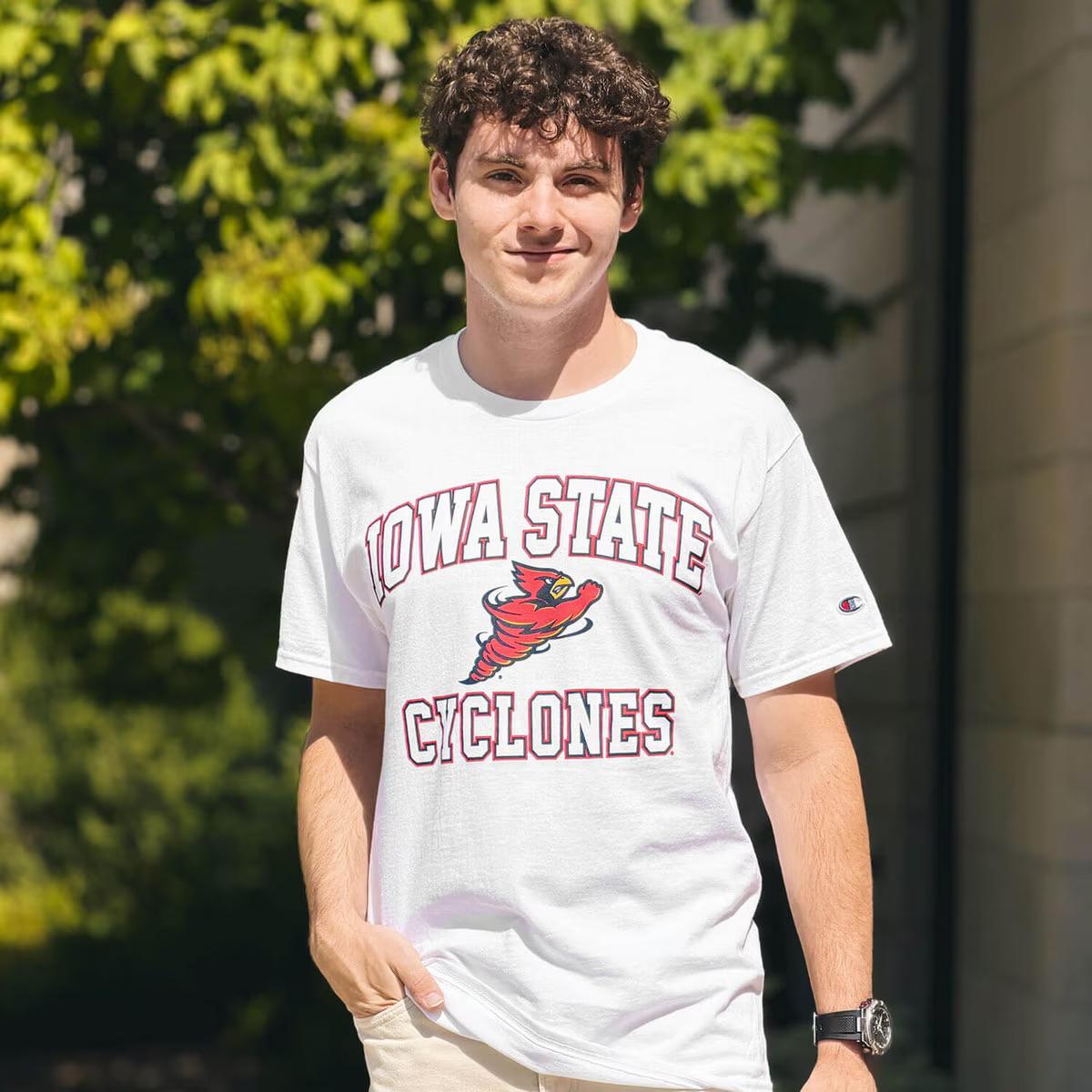 A Cyclone wearing the Champion Iowa State Cyclones Punching Cy White-Out Tee